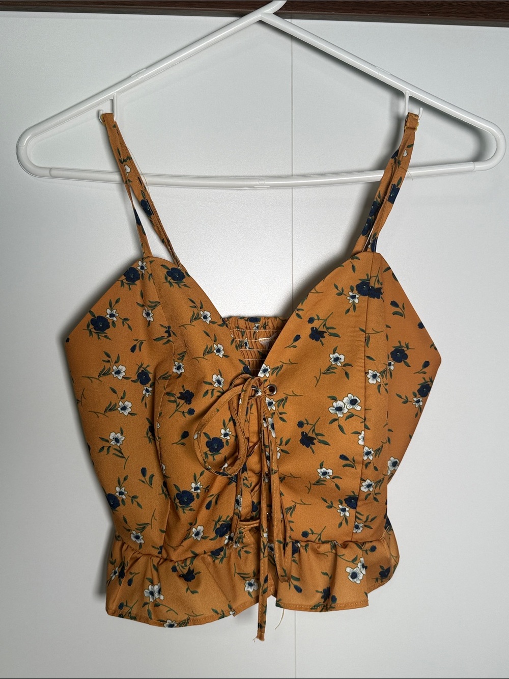 Floral Lace-Up Spaghetti Strap Crop Top - Mustard